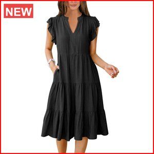 Ruffle Sleeve V-Neck Midi Dress, Boho Tiered Summer Sundress, Casual Fit